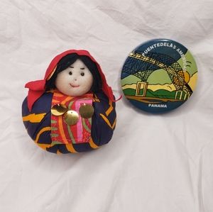 Panama Souvenirs Cuna Doll & Handpainted Bridge of the Americas Round  Wood Art